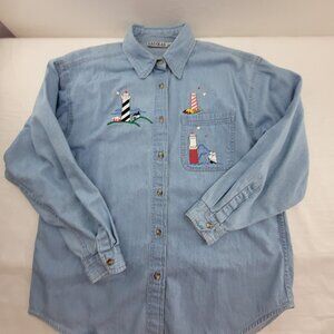 Vtg Lighthouse Button Up Shirt Women’s XL Blue Chambray Denim Coastal Nautical